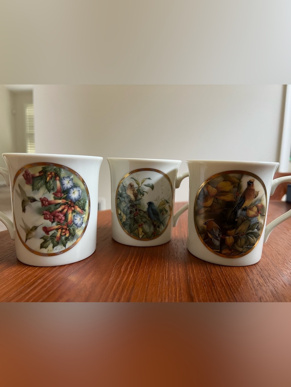 Lenox White Porcelain Mugs with Gold-Trimmed Bird & Floral Medallions